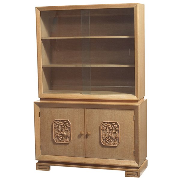 James Mont style china cabinet: James Mont style china cabinet, cerused oak with Chinoiserie details, upper cabinet with two sliding doors, lower cabinet with two doors, original finish, unsigned, 41"w x 15"d x 63"h