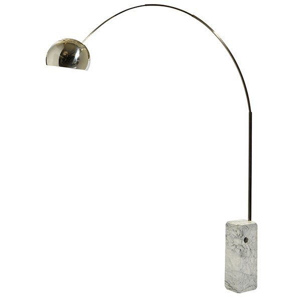 Achille Castiglioni Arco floor lamp, by Flos: Achille Castiglioni Arco floor lamp, by Flos, solid white marble base supports a stainless steel arc and polished aluminum shade with perforated diffuser, base and shade signed with Flos label, 86"w x