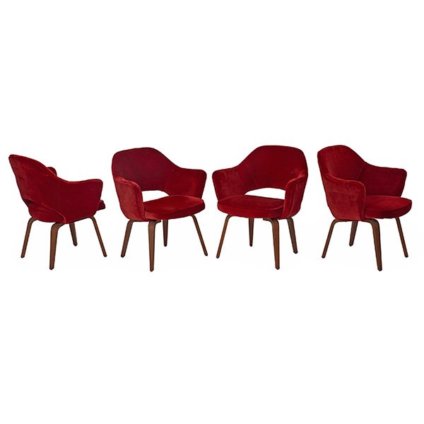 Eero Saarinen dining or occasional armchairs, four, by: Eero Saarinen dining or occasional armchairs, four, by Knoll, 1960s, bent plywood legs, red velvet upholstery, original finish to legs, unsigned, 27"w x 24"d x 32"h, wear to fabric