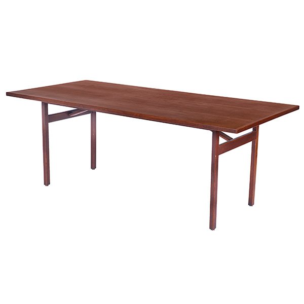 Jens Risom dining table, by Jens Risom Designs, Inc.: Jens Risom dining table, by Jens Risom Designs, Inc., rectangular walnut top, four square legs with angled stretcher to each side, original finish, 78"w x 36"d x 30"h, light wear