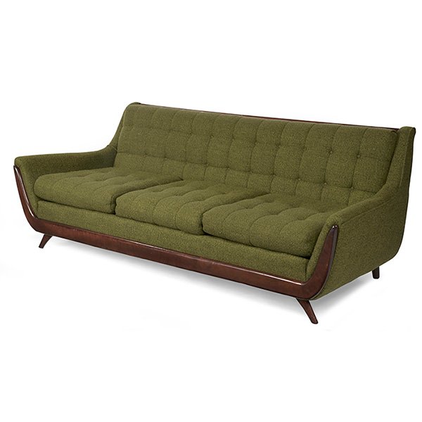 Adrian Pearsall sofa, by Craft Associates, 1960s: Adrian Pearsall sofa, by Craft Associates, 1960s, rounded sides, exposed walnut trim to lower front edge and front of armrests, flared legs, original tufted green wool upholstery, original finish, uns