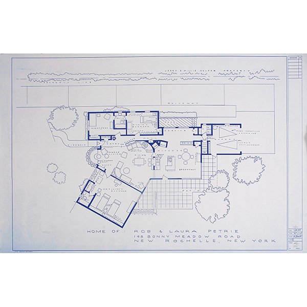 Mark Bennett lithograph: Mark Bennett lithograph, "Home of Rob and Laura Petrie" (The Dick Van Dyke Show), 1995, number 10/20, details include Cowboy lamp with gun and Rob's Tarantula sports car, 1/4"=1'0" scale, pencil-signe