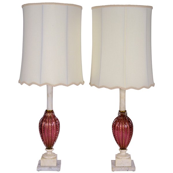 Murano table lamps: Murano table lamps, pair, pink glass bullicante bodies with controlled bubbles and gold inclusions supported by white marble bases, cloth shades with scalloped edge, as shown: 16"dia x 40.5"h