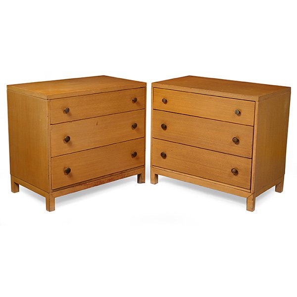 T.H. Robsjohn-Gibbings cabinets, pair, by Widdicomb: T.H. Robsjohn-Gibbings cabinets, pair, by Widdicomb, each with three drawers with the original knobs, signed with Widdicomb Modern Originals label, original finish, 34"w x 20"d x 31.25"h