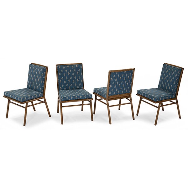 T.H. Robsjohn-Gibbings dining chairs, four, by: T.H. Robsjohn-Gibbings dining chairs, four, by Widdicomb, wood frames, reupholstered, refinished with speckled treatment, 21.5"w x 25.5"d x 35.5"h