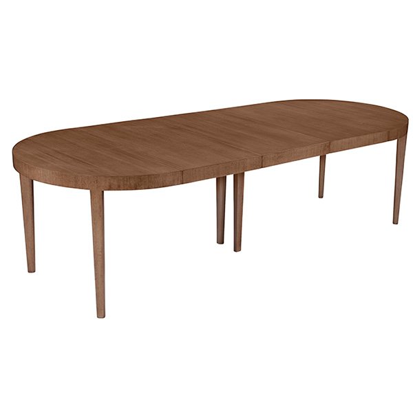 Edward Wormley dining table, by Dunbar, model 2667: Edward Wormley dining table, by Dunbar, model 2667, round top in bleached mahogany with speckled finish, flat apron, tapered legs, three 20" leaves in the original wood crate, drop-down legs for suppo