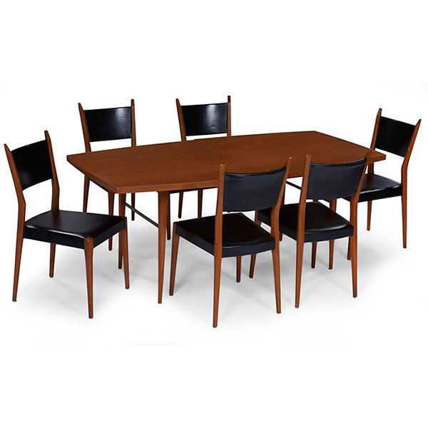 Paul McCobb Directional dining set, by Calvin: Paul McCobb Directional dining set, by Calvin, table with slightly tapered rectangular top over tapered legs with brass stretchers, four 12" leaves, six chairs with the original black leather upholste