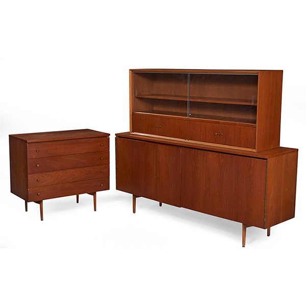 Paul McCobb cabinets, two, by Calvin: Paul McCobb cabinets, two, by Calvin, four-drawer server cabinet and sideboard with removable upper china cabinet, mahogany, large cabinet with bi-fold doors concealing two shelves, upper cabinet with