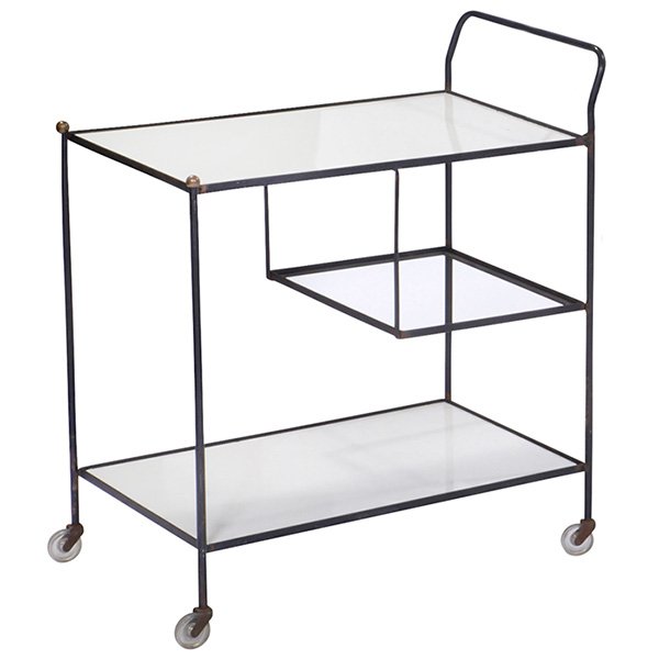 Maurizio Tempestini bar cart, by Salterini,: Maurizio Tempestini bar cart, by Salterini, attribution, with a set of three nesting tables (not shown) and wall-mounted plant holder (not shown), 1950s, wrought iron, bar cart with white masonite she