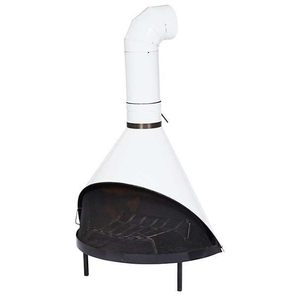 Mid-century fireplace, in the style of Wendell Lovett: Mid-century fireplace, in the style of Wendell Lovett and Malm, 1960s, free-standing form on three legs with original white enameled finish, log holder and removable firescreen, as shown: 38.5"w x 29.