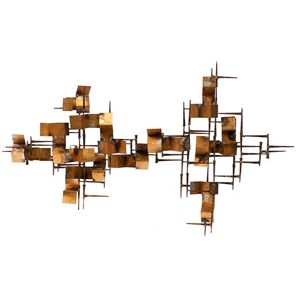 William Bowie wall sculpture, attribution, in the style: William Bowie wall sculpture, attribution, in the style of C. Jere, brazed and welded nails with applied folded metal strips, original gold-colored finish, unsigned, 47"w x 6.5"d x 29.5"h