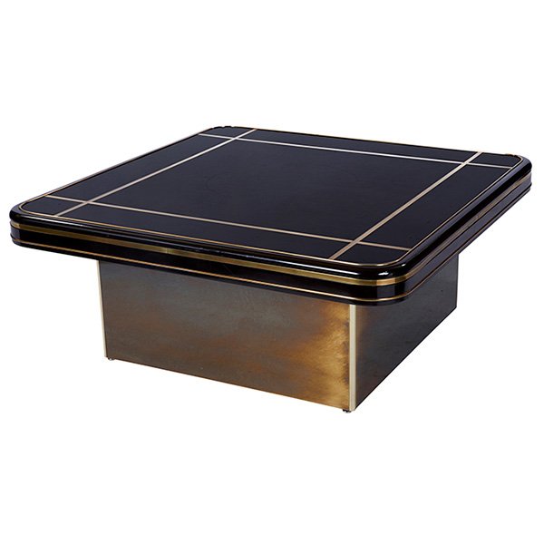 Mastercraft coffee table: Mastercraft coffee table, brass platform base supports a square top with inset dark brown surface and decorative brass banding, signed with Mastercraft label, original finish, 40"w x 40"d x 17"h