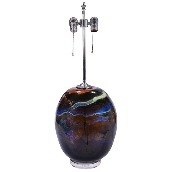 Kent Ipsen glass table lamp: Kent Ipsen glass table lamp, blue glass body with colorful inclusions over a lucite base, signed "Ipsen 1973" on body, no shade, glass only: 11"dia. x 15"h, mint condition