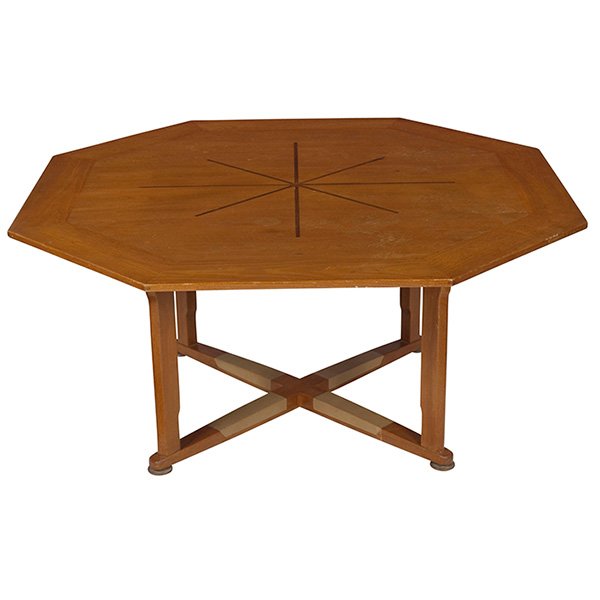 Edward Wormley game table or low dining table, by: Edward Wormley game table or low dining table, by Dunbar, mahogany, model 5720, octagonal top with starburst inlay over mahogany base with brass disc feet and leather trim, original finish, signed wit