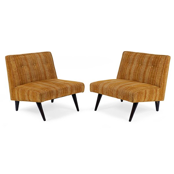 Edward Wormley Slipper lounge chairs, Dunbar: Edward Wormley Slipper lounge chairs, pair, by Dunbar, attribution, wedge-shaped backrest and seat over tapered mahogany legs, original finish, original striped velvet upholstery, metal "lasagne" stra