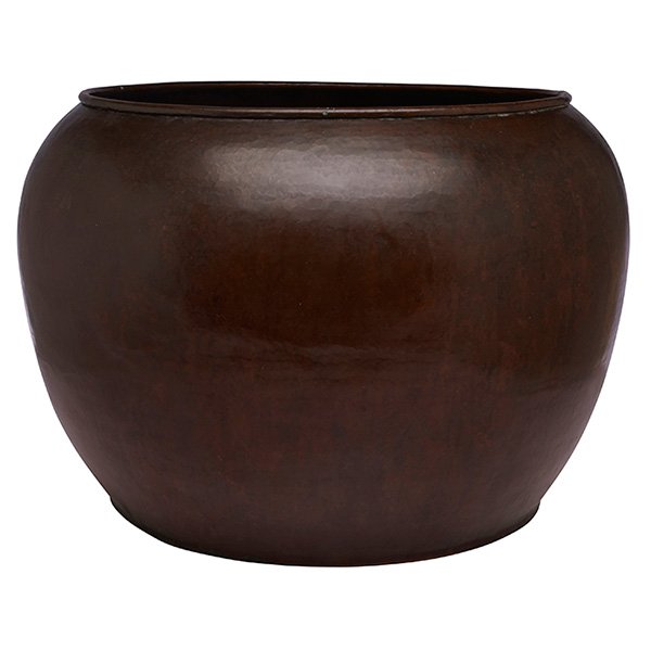 Dirk van Erp (1860-1933) and D'Arcy Gaw (1868-1944),: Dirk van Erp (1860-1933) and D'Arcy Gaw (1868-1944), jardiniere, San Francisco, CA, circa 1910, hand-hammered copper, stamped closed box signature monumental form, 16.5"dia x 11.5"h, Provenance: Rober