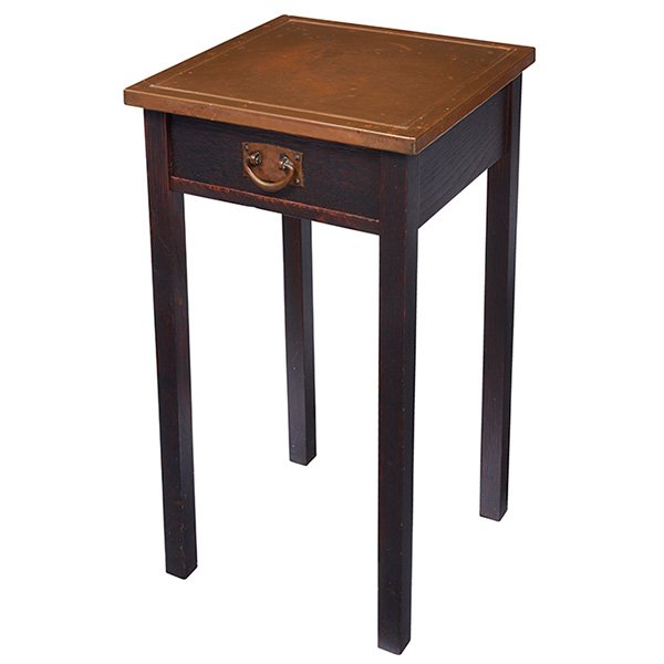 Gustav Stickley, nightstand: Gustav Stickley, nightstand, uncataloged form, Eastwood, NY, oak, original hand-hammered copper, signed with paper label and branded signature, unusual, 15"sq x 28.5"h, Provenance: Don Magner