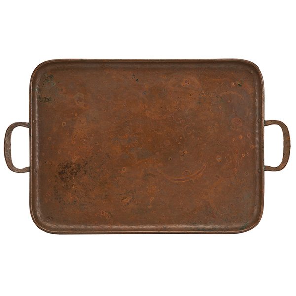 Gustav Stickley, serving tray: Gustav Stickley, serving tray, variant of #356, Eastwood, NY, hand-hammered copper, stamped logo, 19"w x 12"d x 1.25"h, Exhibitions: Gustav Stickley and the American Arts and Crafts Movement, Dallas M