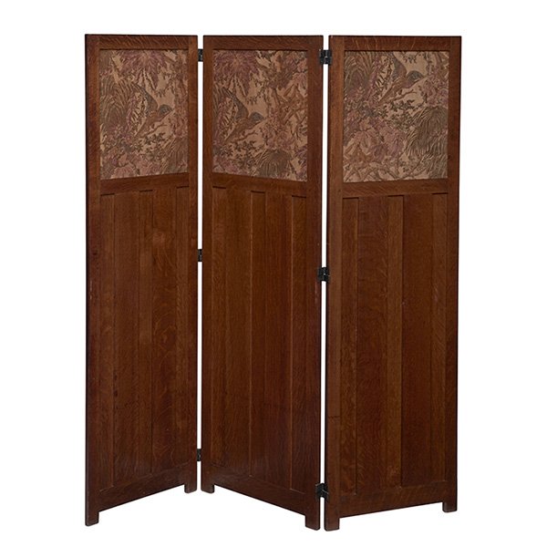 Gustav Stickley, three fold screen, #91: Gustav Stickley, three fold screen, #91, Eastwood, NY, oak, fabric, unsigned, each panel: 22.25"w x 68.75"h, Provenance: Robert Judson Clark