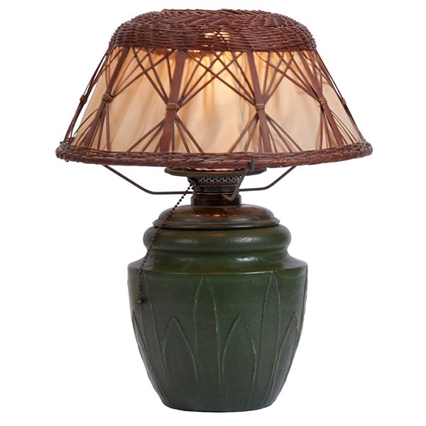 Gustav Stickley and Grueby Faience Company, table lamp: Gustav Stickley and Grueby Faience Company, table lamp, Eastwood, NY and Boston, MA, matte green glazed pottery, bamboo, silk, glass, copper, impressed logo and numbered 14"dia x 17.75"h, Provenance:
