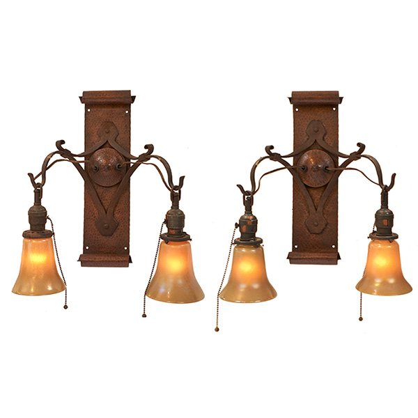 Gustav Stickley, two-light wall sconces: Gustav Stickley, two-light wall sconces, pair, Eastwood, NY, hand-hammered copper, glass, signed with circular stamp, 13"w x 8"d x 16"h, Provenance: James Bakker Gallery