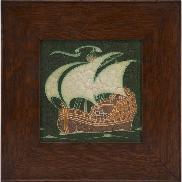 Grueby Faience Company, Viking Ship tile: Grueby Faience Company, Viking Ship tile, Boston, MA, polychrome glazed pottery, unsigned, framed, tile: 8"sq; overall: 14"sq, Provenance: JMW Gallery