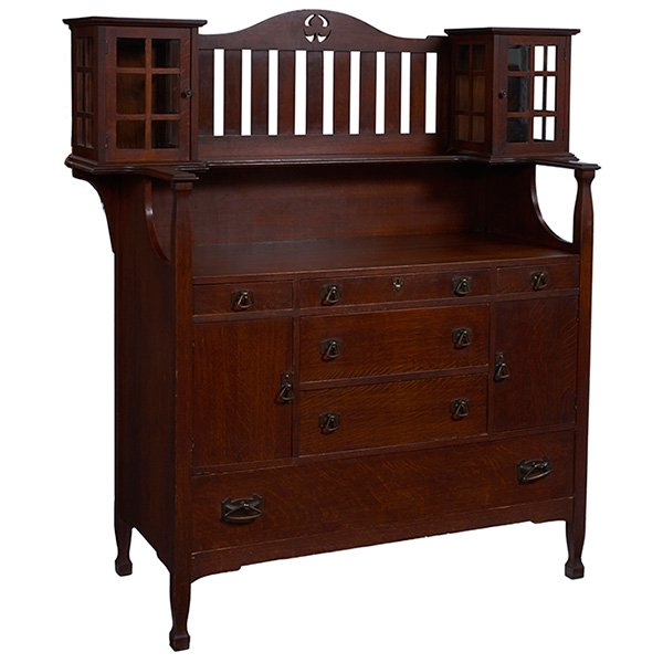 Limbert, sideboard with gallery top, #411: Limbert, sideboard with gallery top, #411, Grand Rapids, MI, oak, copper, signed with remnant of paper label, early and rare, 61"w x 23"d x 66"h
