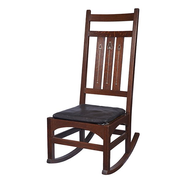 Gustav Stickley, Harvey Ellis inlaid sewing rocker: Gustav Stickley, Harvey Ellis (1852-1904), designer, inlaid sewing rocker, Eastwood, NY, oak, leather, pewter, copper, ebony, unsigned, 17"w x 24"d x 38"h