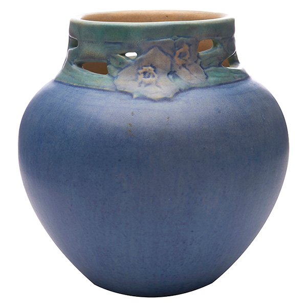 Sadie Irvine Newcomb College, vase, #MJ1: Sadie Irvine (1887-1970) for Newcomb College, vase, #MJ1, New Orleans, LA, 1922, polychrome glazed pottery, marked, 5.5"w x 5.5"h