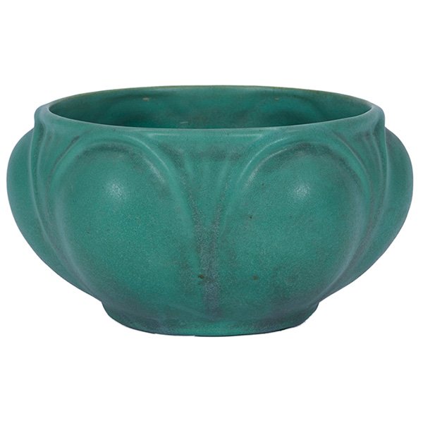 Teco, Hugh M. Garden jardiniere, #253: Teco, Hugh M. Garden (1873-1961), designer, jardiniere, #253, Chicago, IL, matte green glazed pottery, impressed logos, 8.5"dia x 4.5"h