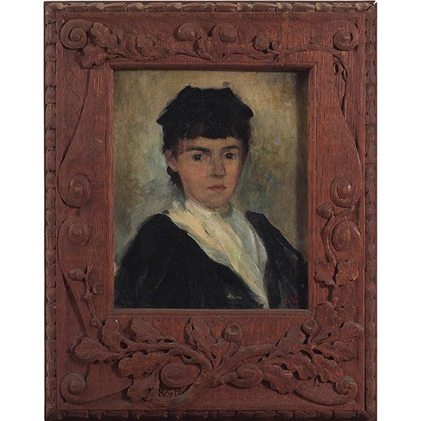 Karl von Rydingsvard picture frame: Karl von Rydingsvard (1863-1941), picture frame, New York, NY and Boston, MA, carved oak, carved signature, set with a Douglas Volk (American 1856-1935) portrait of Frances Lyle, oak frame: 19"h x 15"
