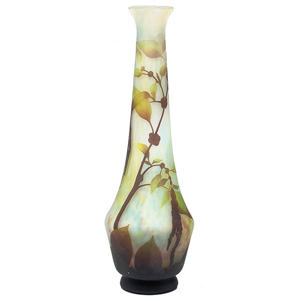 Daum, vase, Nancy, France, cameo cut glass: Daum, vase, Nancy, France, cameo cut glass, cameo signature and retailer's foil label on base, 9"dia x 26"h