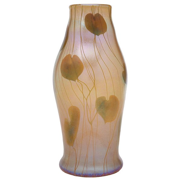 Tiffany Corona Studios, attribution, vase: Tiffany Corona Studios, attribution, vase, c. 1896, Sandwich, MA, decorated glass, unmarked, 5"dia x 10.5"h