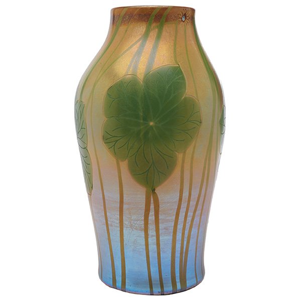 Tiffany Corona Studios, attribution, vase,: Tiffany Corona Studios, attribution, vase, c. 1896, Sandwich, MA, decorated and carved glass, Tiffany paper label, 4.5"dia x 10"h