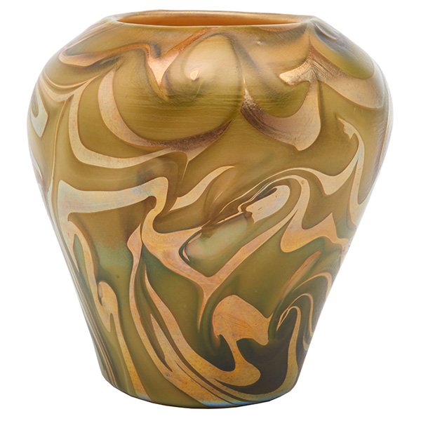 Tiffany Corona Studios, attribution, vase,: Tiffany Corona Studios, attribution, vase, c. 1896, Sandwich, MA, glass, unmarked, 4"dia x 4"h