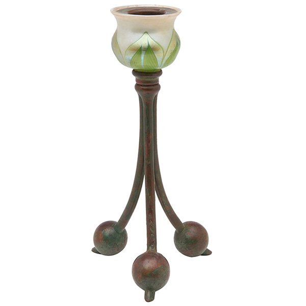 Tiffany Studios, candlestick lamp, #1202: Tiffany Studios, candlestick lamp, #1202, New York, NY, bronze, Favrile glass, signed and numbered, 4.5"w x 8.5"h, Literature: Pictured in Tiffany Lamps and Metalware, by Duncan, p.375