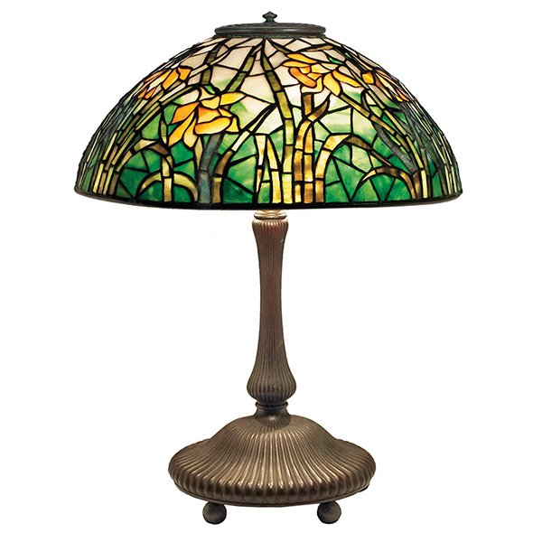Tiffany Studios, Daffodil table lamp, base #370: Tiffany Studios, Daffodil table lamp, base #370, New York, NY, bronze, Favrile glass, lead, base and shade signed, exceptional original patina to all bronze, overall: 16"dia x 21"h