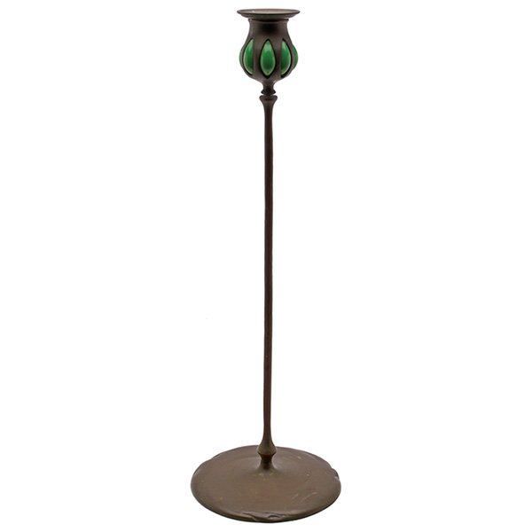 Tiffany Studios, candlestick, #22321: Tiffany Studios, candlestick, #22321, New York, NY, bronze, Favrile glass, signed and numbered, 6"dia x 18"h, Literature: This bobeche is pictured in Tiffany Lamps and Metalware, by Duncan, p.380