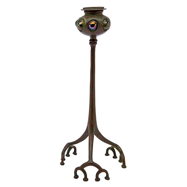 Tiffany Studios, candlestick: Tiffany Studios, candlestick, New York, NY, bronze, Favrile glass, signed, 6"w x 13"h