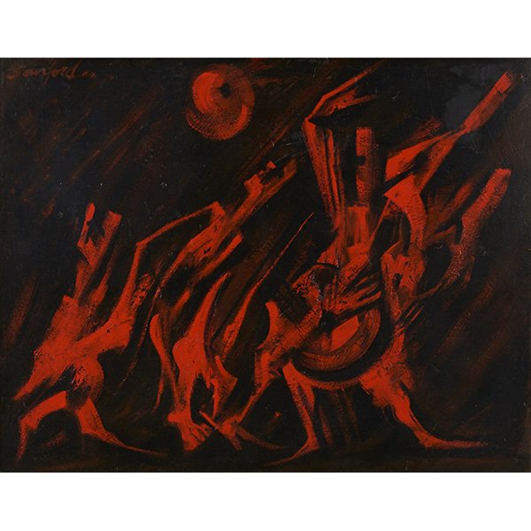Walter Sanford, (American, 1912-1987), Moondancers: Walter Sanford, (American, 1912-1987), Moondancers, 1964, oil on masonite, signed and dated upper left, signed, titled and dated on verso, 24" x 32"
