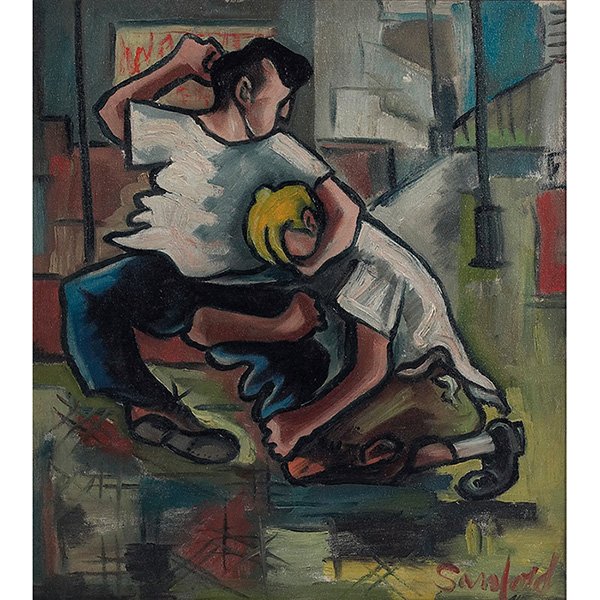 Walter Sanford, (American, 1912-1987), Chicago Street: Walter Sanford, (American, 1912-1987), Chicago Street Brawl, 1945, oil on canvas, signed and dated lower right, 18" x 16"
