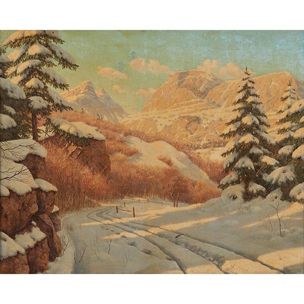 Boris Bessonof, (Russian, 1862-1934), Winter Path: Boris Bessonof, (Russian, 1862-1934), Winter Path, oil on canvas laid to board, signed lower left, 25" x 31.5", Provenance: The Cooling Galleries, London (label on verso), Marshall Field and Company (