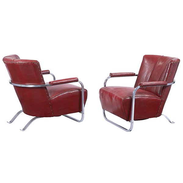 Gilbert Rohde, Easy chairs ("Acace"), model 158: Gilbert Rohde, Easy chairs ("Acace"), model 158, pair, Troy Sunshade Co., USA, 1930s, satin chromed steel, bar stock steel, original upholstery, 25.5"w x 32"d x 28.5"h, Literature: Troy Sunshade Catal