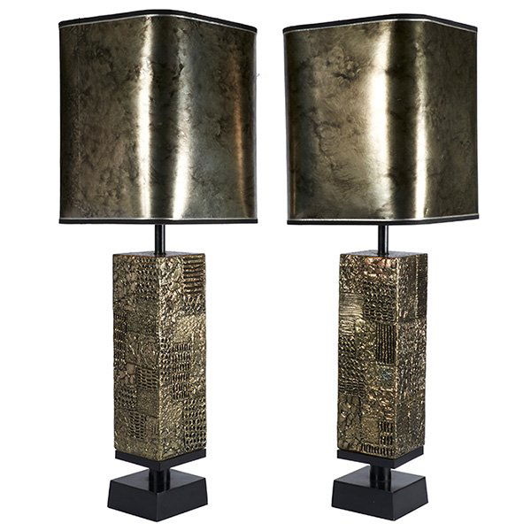 Paul Evans style, table lamps: Paul Evans style, table lamps, pair, 1960s, resin, bronzed finish, original matching shades, unsigned, bases: 6.5"w x 6.5"d x 23.5"h, with shades: 44"h
