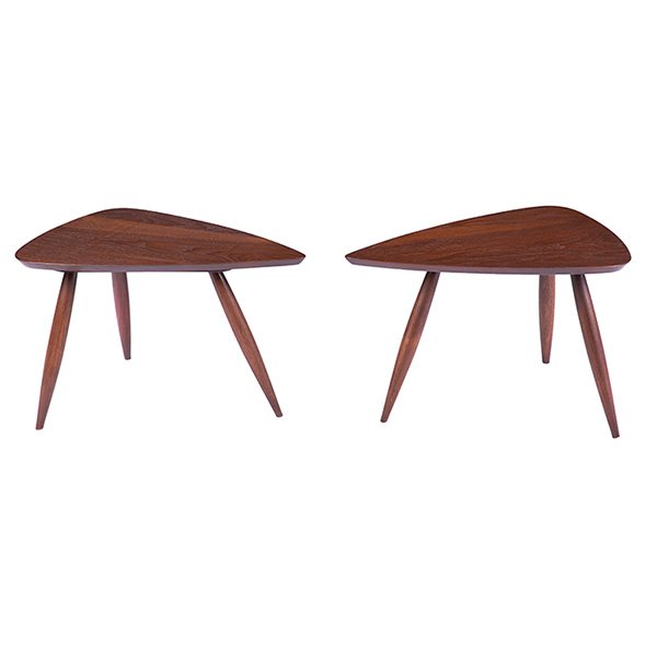 Philip Lloyd Powell, occasional tables: Philip Lloyd Powell, occasional tables, pair, walnut, unsigned, 23.5"w x 15.5"d x 15"h