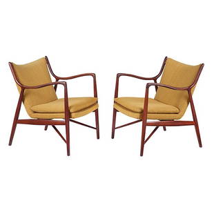 Finn Juhl, NV 45 chairs: Finn Juhl, NV 45 chairs, pair, Niels Vodder, Denmark, 1950s, teak, yellow upholstery, each signed with branded Niels Vodder mark, 27''w x 29''d x 33''h, Provenance: Estate of the original owner