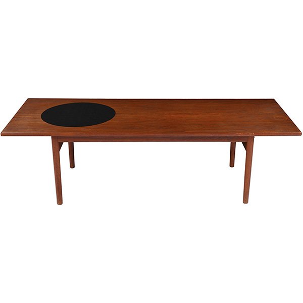 Grete Jalk, coffee table, Poul Jeppesens, Denmark: Grete Jalk, coffee table, Poul Jeppesens, Denmark, 1960s, teak, black laminate, signed with paper Jeppesens label, 63"w x 23.5"d x 18.5"h