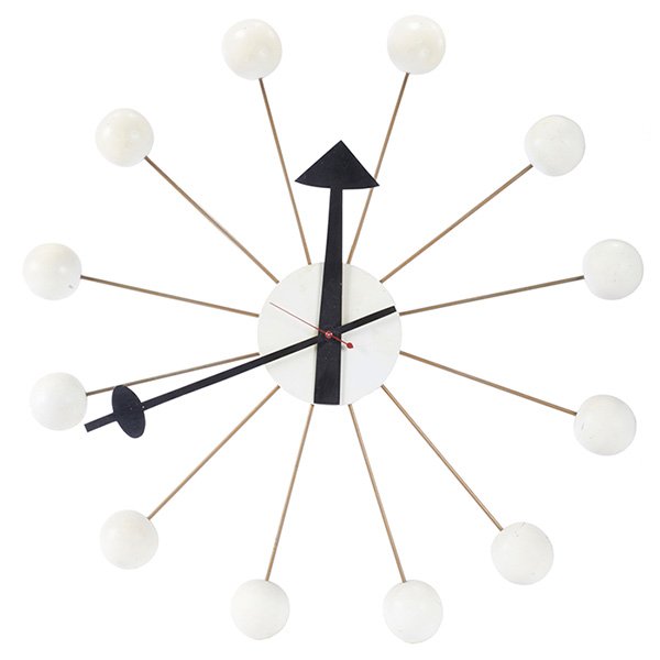 George Nelson, Large Ball clock, Howard Miller: George Nelson, Large Ball clock, Howard Miller,, enameled steel, painted wood, brass, signed with Howard Miller label, 19"dia.