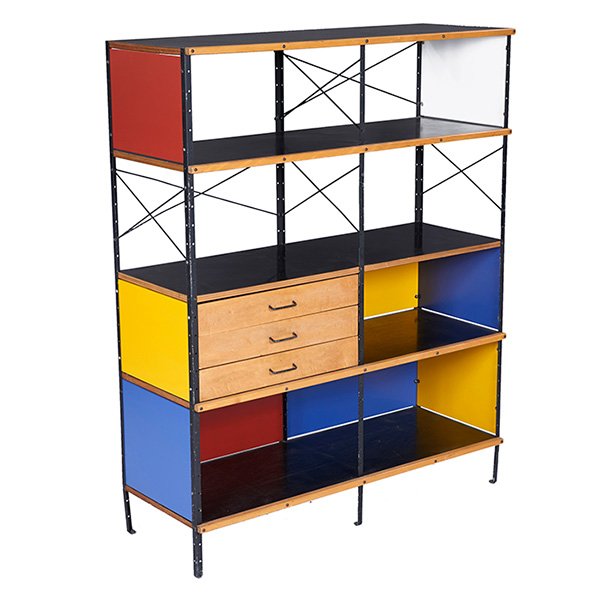 Charles & Ray Eames, ESU 400 storage unit, 1st series: Charles & Ray Eames, ESU 400 storage unit, 1st series, Herman Miller, 1950s, steel, zinc, birch, Masonite, signed with Herman Miller paper label, The colorful panels have been professionally repainted