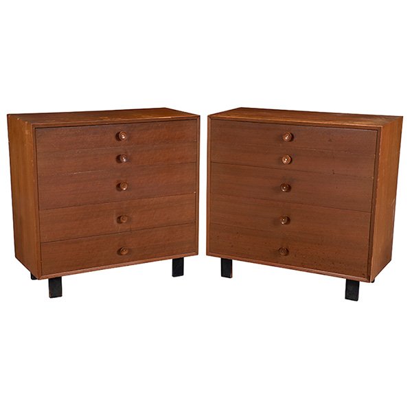 George Nelson, Basic Series cabinets, pair, Herman: George Nelson, Basic Series cabinets, pair, Herman Miller, 1950s, walnut, birch, ebonized wood, each signed with foil label, 40''w x 18.5''d x 39.75''h